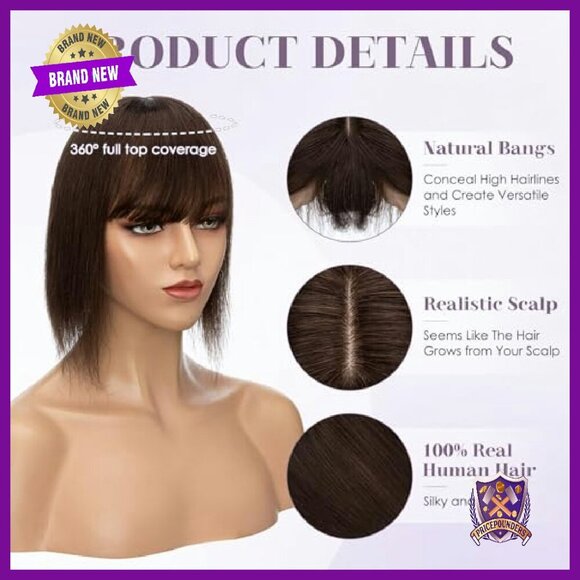 10 Inch Human Hair Topper with Silk Base and Bangs for Thinning Hair main image 6